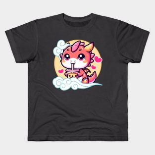 Kawaii Baby Dragon Drinking Boba in the Sky Kids T-Shirt